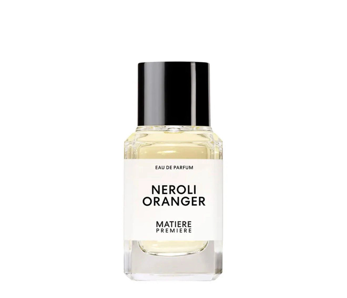 Frasco minimalista transparente con tapón negro del perfume Neroli Oranger de Matiere Premiere.
