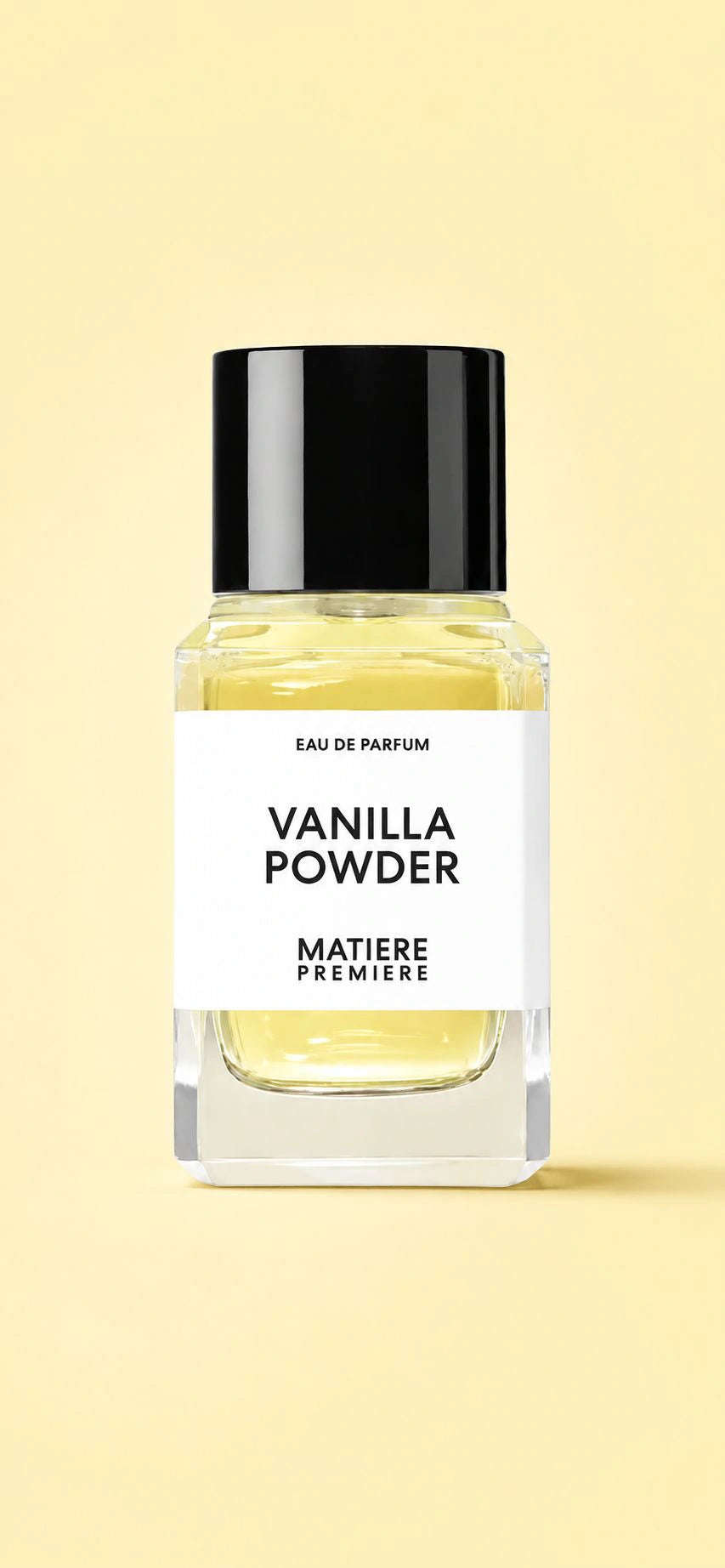 Frasco transparente y de diseño limpio del perfume Vanilla Powder de Matiere Premiere.