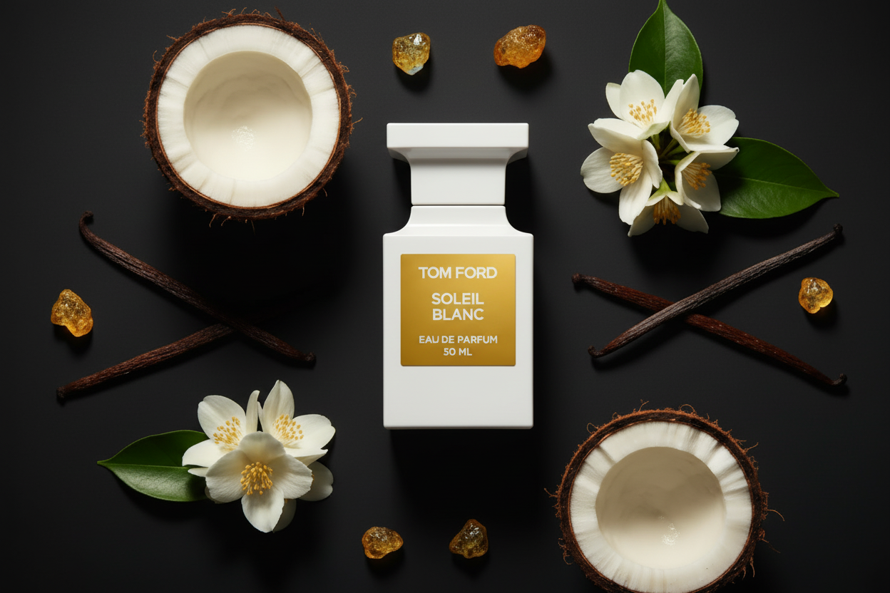 Selección de decants de perfumes nicho y fragancias originales de lujo sobre fondo oscuro con ingredientes de vainilla y coco - Incanto Parfums.