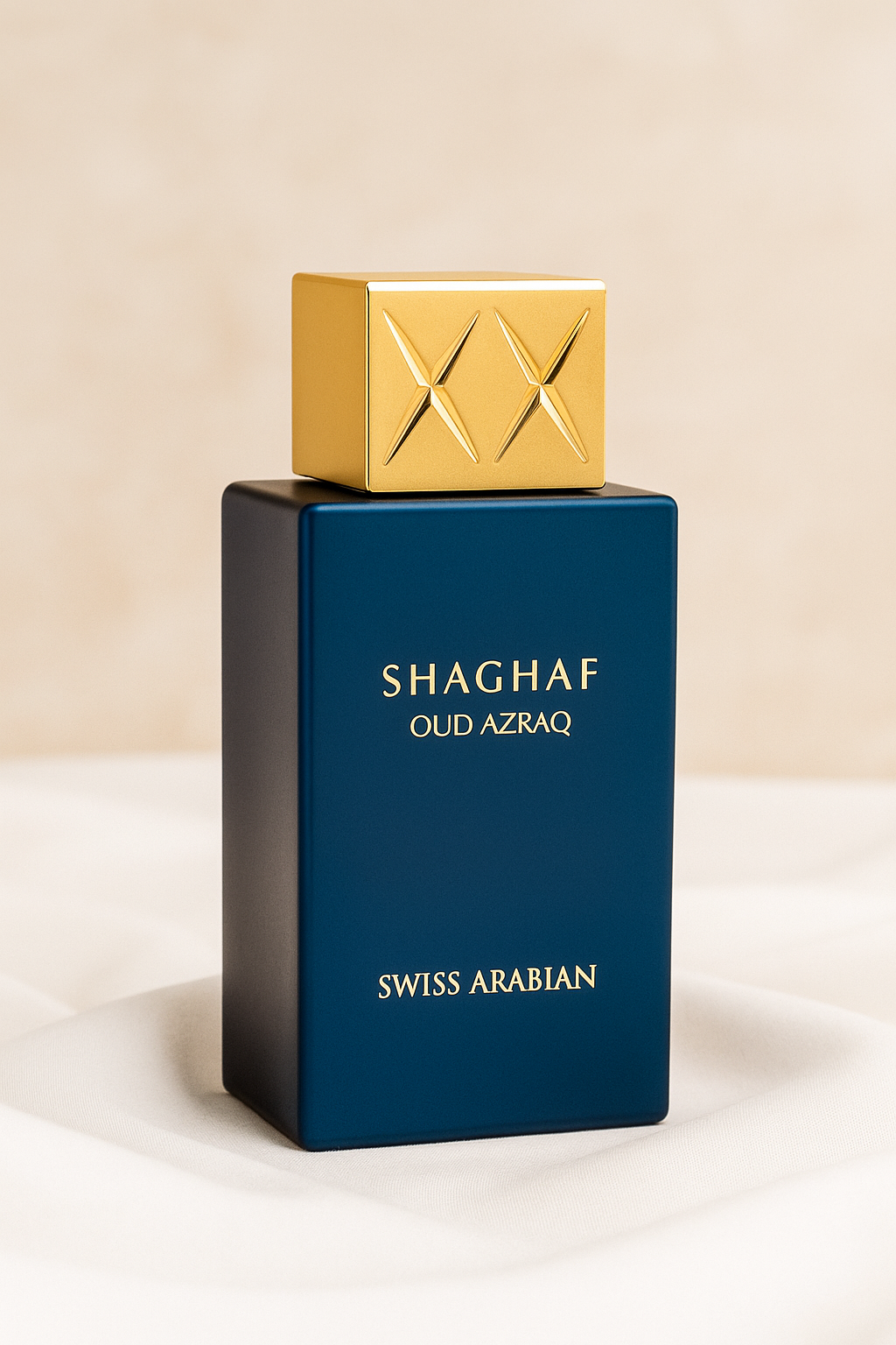 Muestra decant Shaghaf Oud Azraq de Swiss Arabian, perfume árabe de lujo con miel y oud.