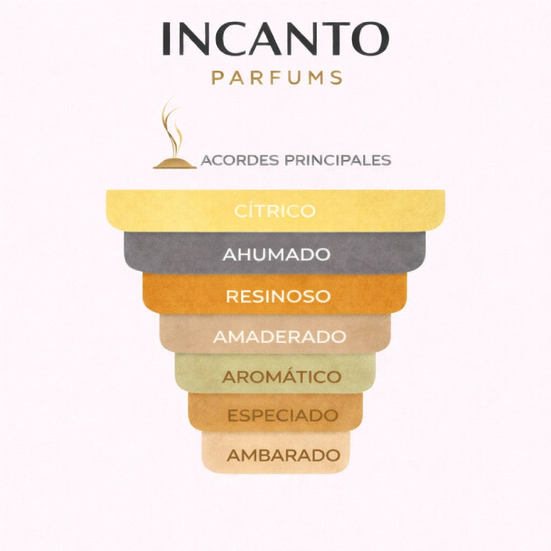 Pirámide olfativa Amouage Search: limón, lima, incienso y maderas oscuras.