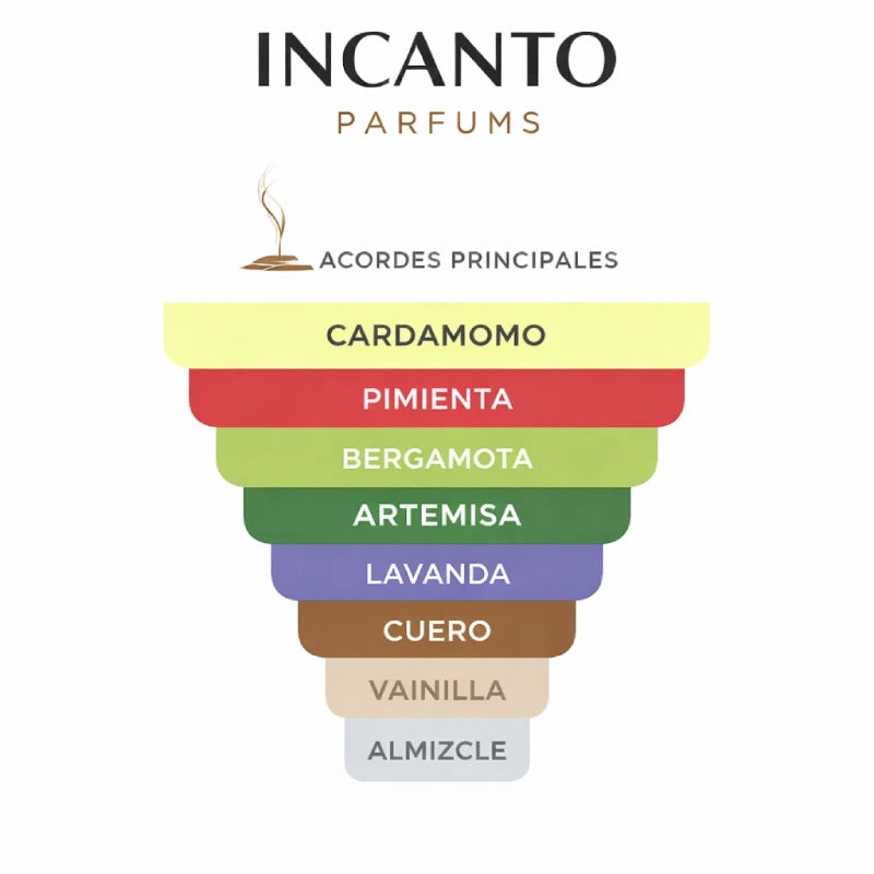 Notas olfativas de Le Male Essence: cuero suave, cardamomo y pimienta sobre fondo ámbar.